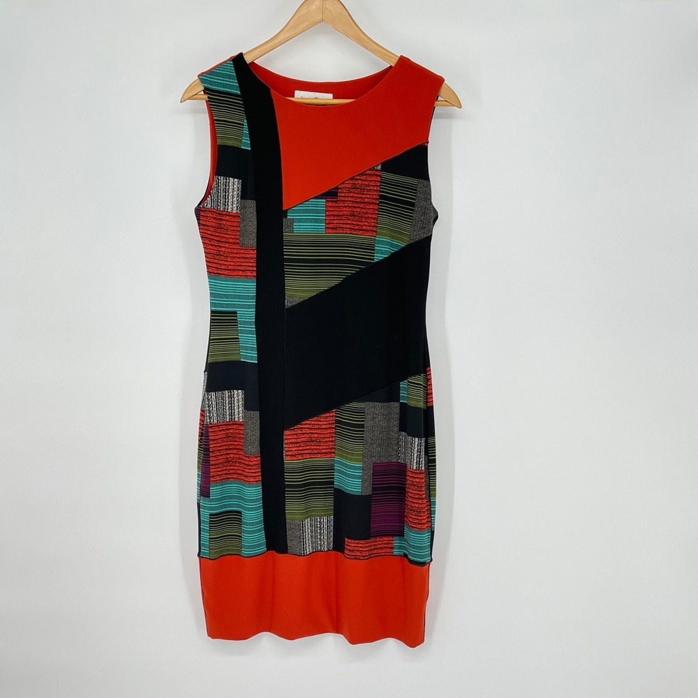 Joseph Ribkoff Geometric Block Print Sleeveless Sheath Dress Orange Black Size 8